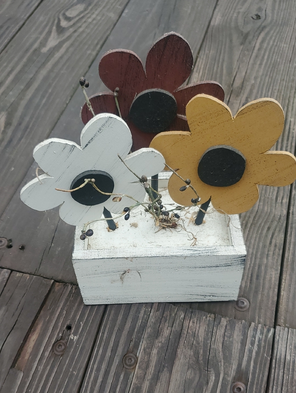 Rustic Wooden Flower Arrangement - White, Mustard & Maroon -